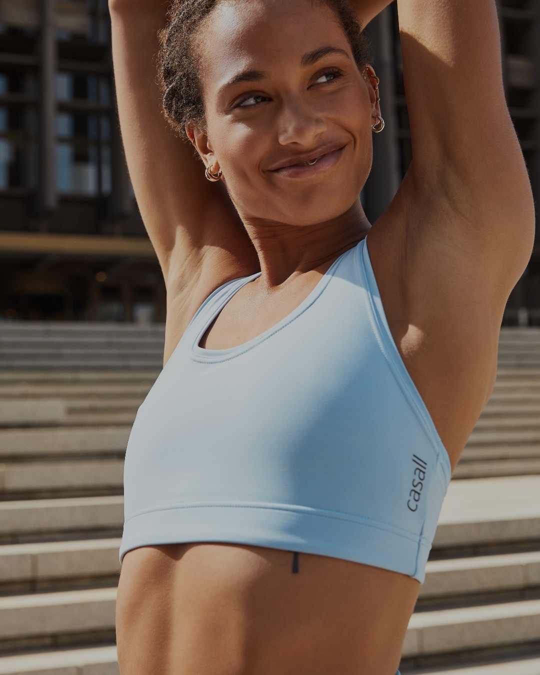 Blue sports bra that is soft and comfortable with high support for all types of exercise. 